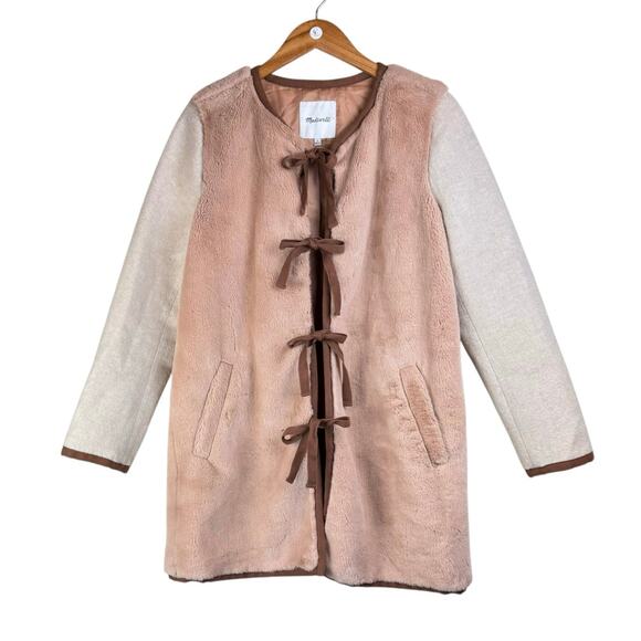 Madewell Brown Beige Colorblock Faux Mink Fur Long Length Ribbon Tie Jacket - Picture 7 of 16